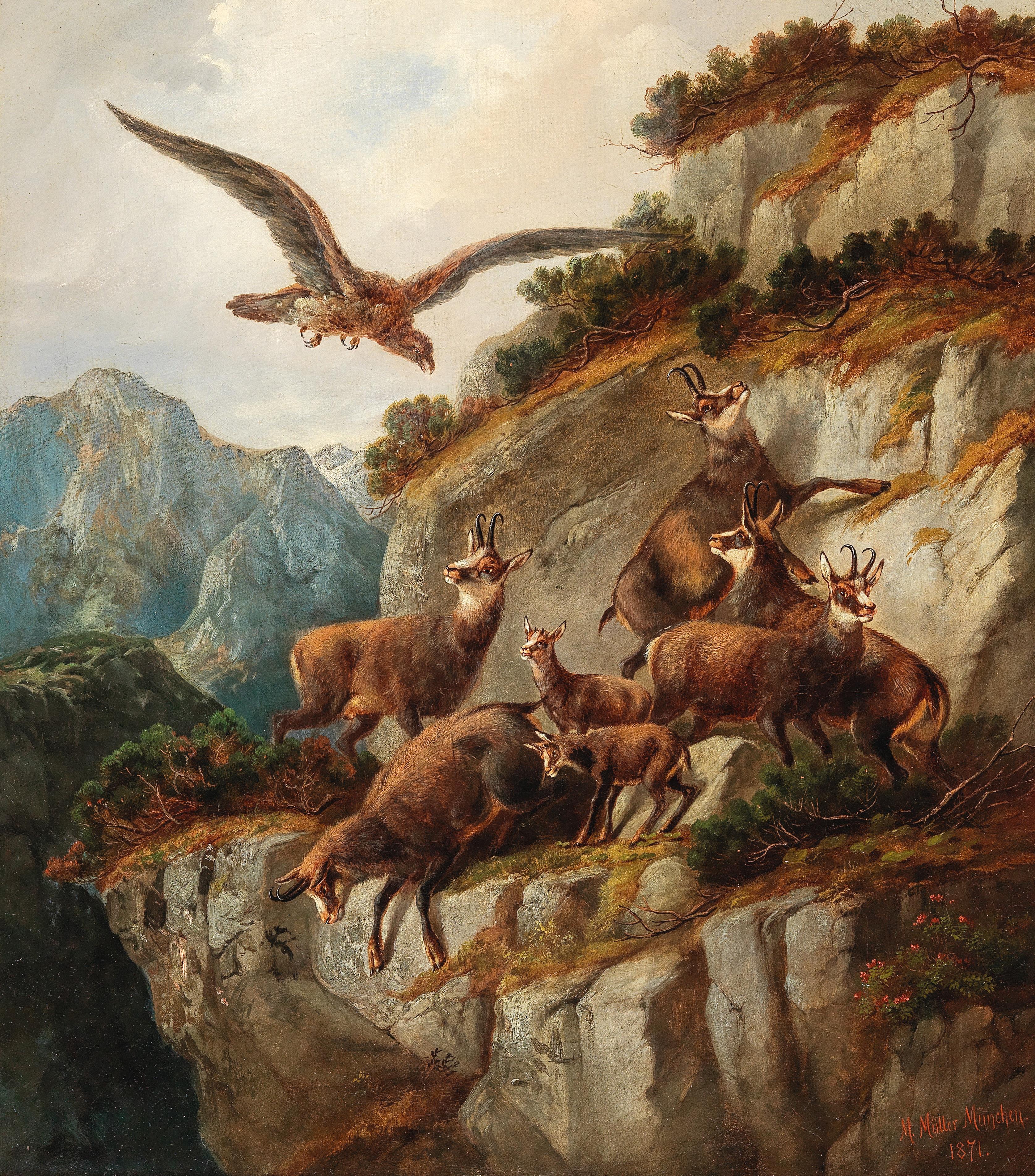 Gämsen und Adler in der Steilwand