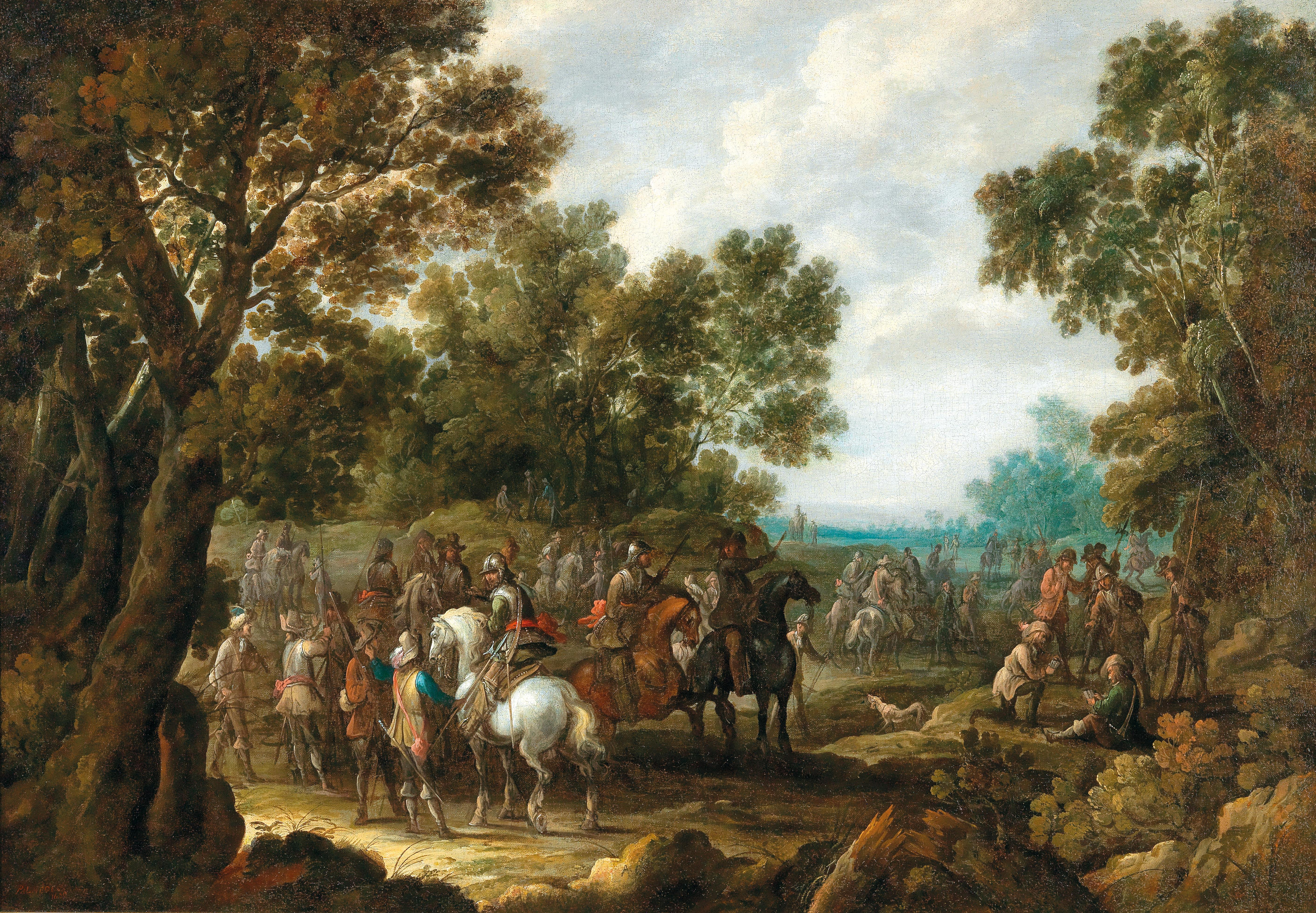 A wooded landscape with soldiers resting