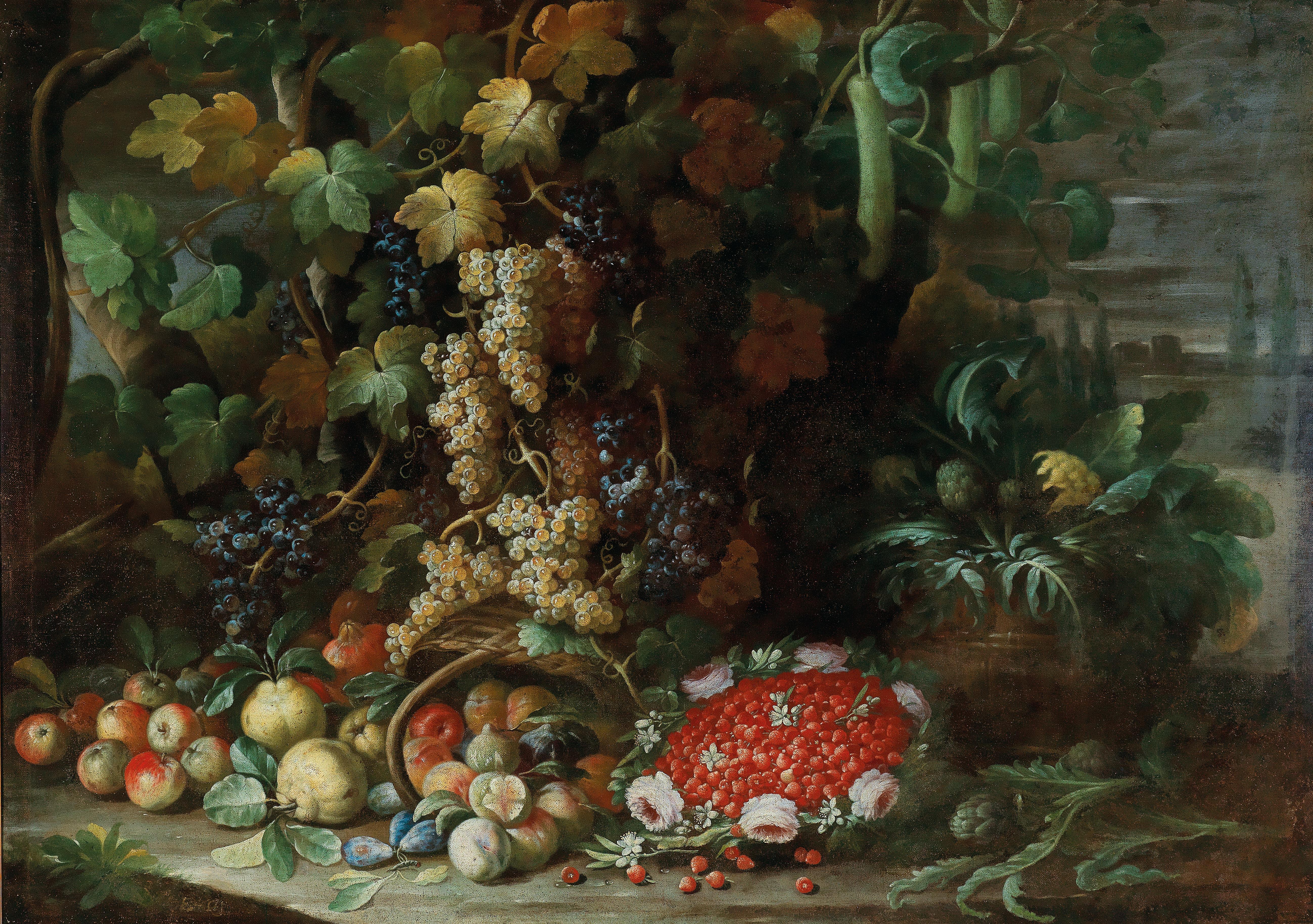 An overturned basket of fruit, flowers and vegetables with a strawberry-filled garland in a villa garden by Francesco della Questa - Auction record, sale price, and art valuation. Compare with similar artists and explore comparable artworks.