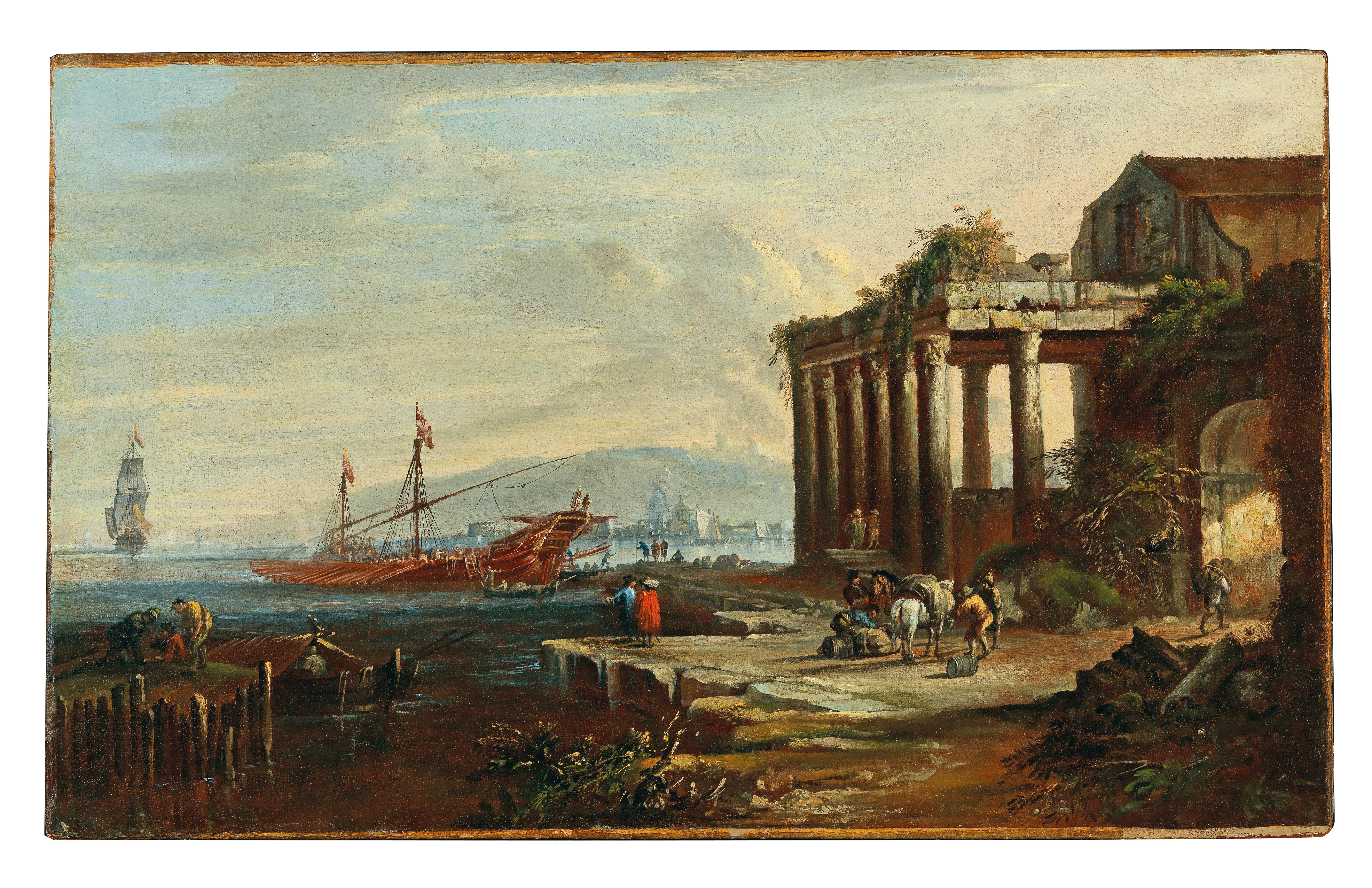 A Mediterranean harbor with ruins and figures