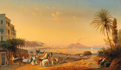 Naples, a lively scene on the promenade at dusk, with Vesuvius in the background