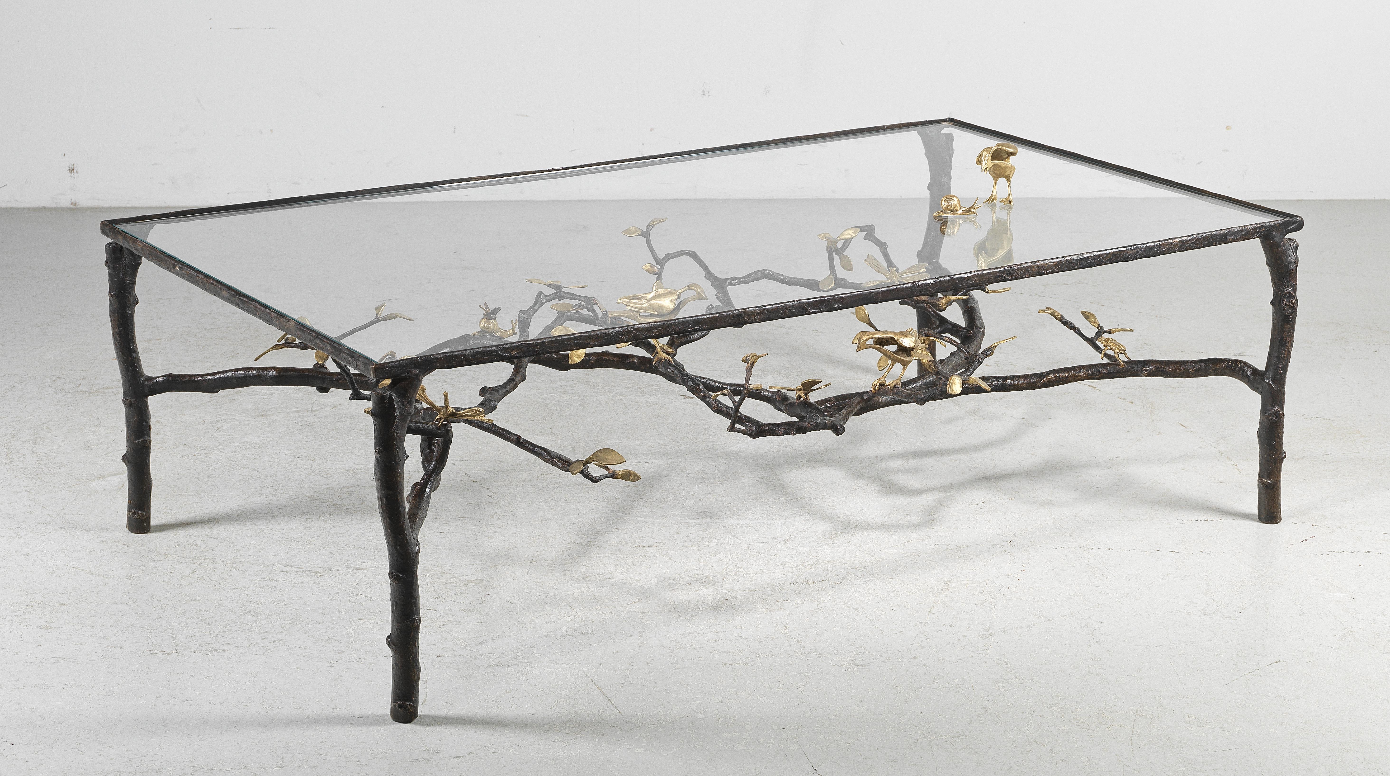 Couch table with branches, birds, butterflies, a dragonfly, a scarab, accompanied by a songbird by Paula Swinnen - Auction record, sale price, and art valuation. Compare with similar artists and explore comparable artworks.