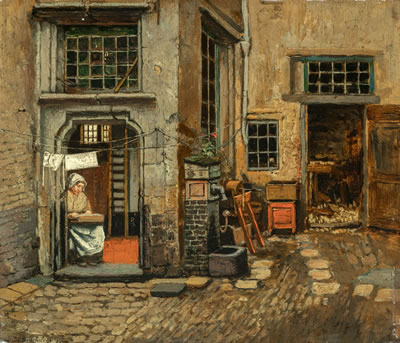 Cour intérieure anversoise avec dentellière (1860)
