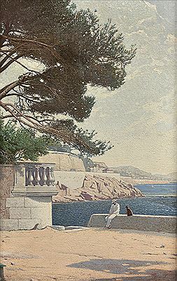 CORNICHE DE BORD DE MER AVEC PROMENEUR ET CHAT