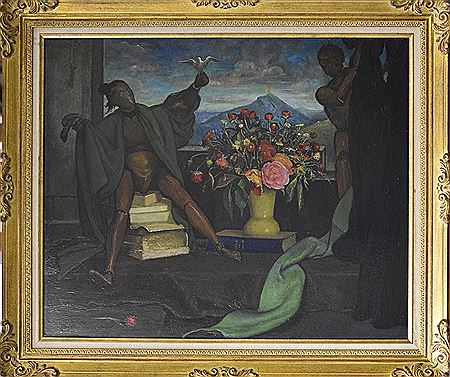 Nature morte au mannequin et au vase de fleurs, un volcan en fond