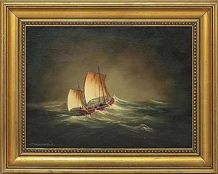 Small sailing vessel in stormy seas