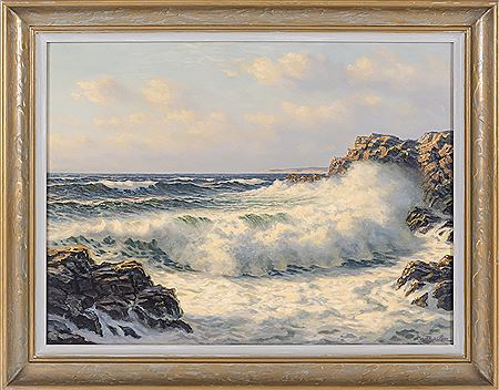 Sunlit waves crashing against a rocky shoreline