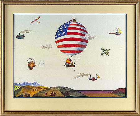 Fantastical scene with balloons and flying teapots
