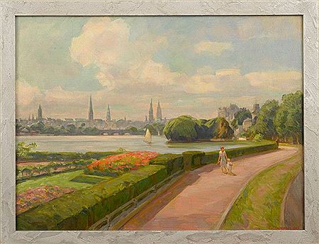Blick über die Alster auf die Hamburger Kirchen