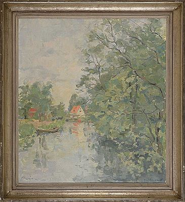 "Norddeutsche Flußlandschaft mit Holzkahn am Ufer"