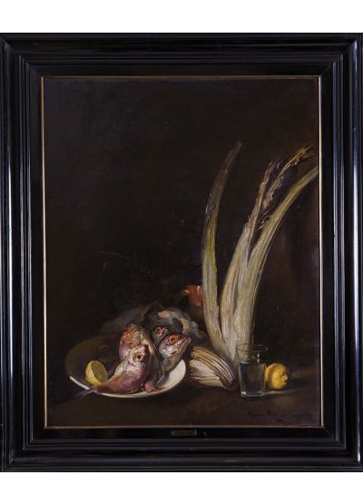 Bodegón de pescados, cardos, limones y vaso de agua