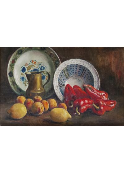 Bodegón de cocina con platos y jarra