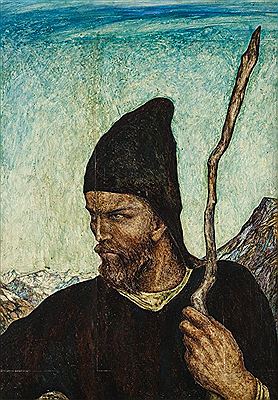 Bildnis eines Senn vor teils verschneiter Gebirgslandschaft