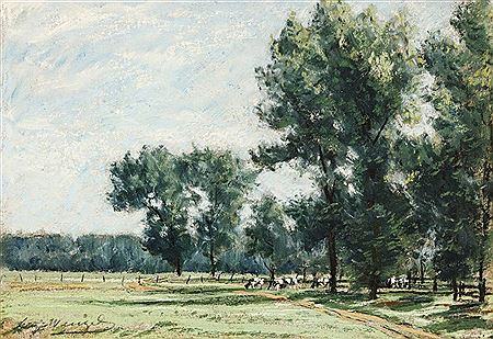 Niederrheinische sommerliche Landschaft mit weidender Kuhherde