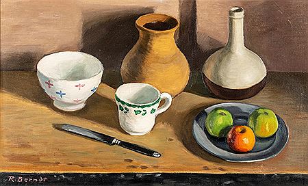 'Stilleben mit Geschirr'. Auf einem Holztisch Messer, Schale, Tasse und zwei Keramikvasen, daneben auf einem Zinnteller drei Äpfel arrangiert by Rudolf Berndt - Auction record, sale price, and art valuation. Compare with similar artists and explore comparable artworks.