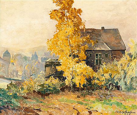 'Herbstbirke in meinem Garten' mit Blick auf das Haus des Künstlers