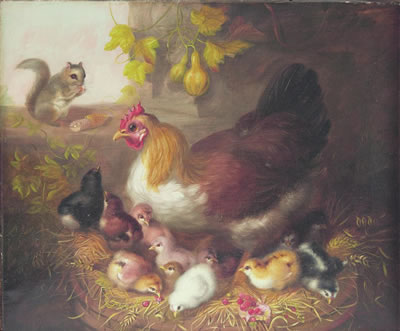 "HEN, TWELVE CHICKS AND A SQUIRREL EATING CORN"