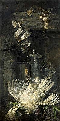"Auf der Lauer" - Stillleben mit Geflügel, gelöschter Kerze und einer auf der Lauer liegenden Katze