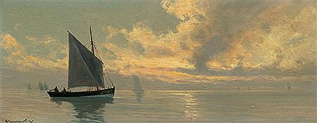 "Abendstimmung": Segelschiffe vor der Küste.