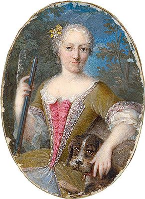 Miniaturenpaar: Bildnisse des David von Stetten und seiner Frau Sabina als Jäger, mit Hund und Jagdflinte, vor Landschaftshintergrund