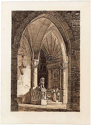 View of a neo-gothic church portal, on the steps a gallant couple by Antonio De Pian - Auction record, sale price, and art valuation. Compare with similar artists and explore comparable artworks.