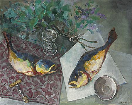 Colorful fish, wine and lilac