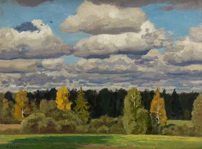 Sample artwork by Yuri Petrovich Kugach (1917 - 2013), known for naturalist style landscape, rural buildings, skyscape and portrait paintings - View similar artists and auction records