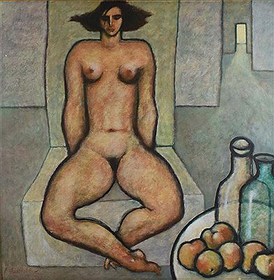 Still Life, Seated Female Nude with Fruit and Bottles, 1991