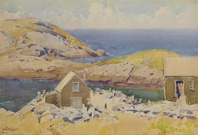 View of The Main Dock from Upper Fields, Monhegan, Maine by Sears Gallagher - Auction record, sale price, and art valuation. Compare with similar artists and explore comparable artworks.