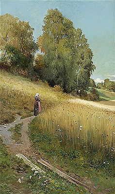 Autumn Landscape with Woman by a Corn Field