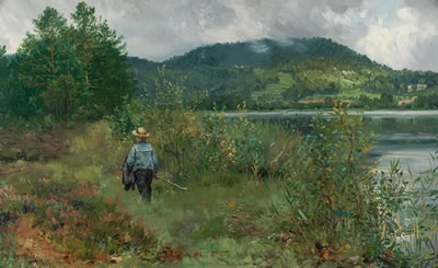 Gutt på fisketur ved Dælivannet 1889 by Christian Skredsvig - Auction record, sale price, and art valuation. Compare with similar artists and explore comparable artworks.