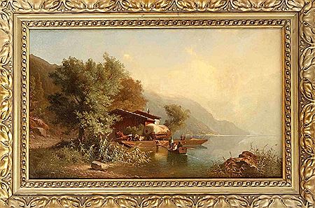 With horse-drawn carriage ferry while translating over an alpine lake, charming landscape with staffage figures
