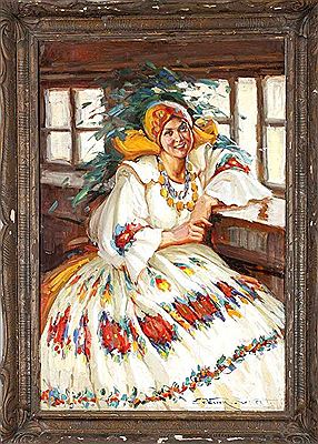 Smiling young woman in shining, Eastern European costume by the window by Eugen Von Warun Sekret - Auction record, sale price, and art valuation. Compare with similar artists and explore comparable artworks.