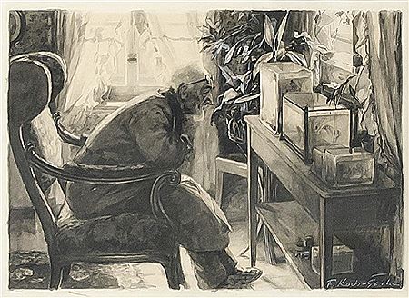 The aquarist, intimate interior with an elderly man looking at his fish