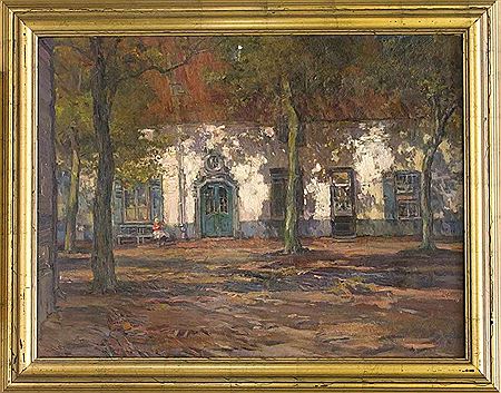 Large impressionistic house facade with a girl knitting in front of it