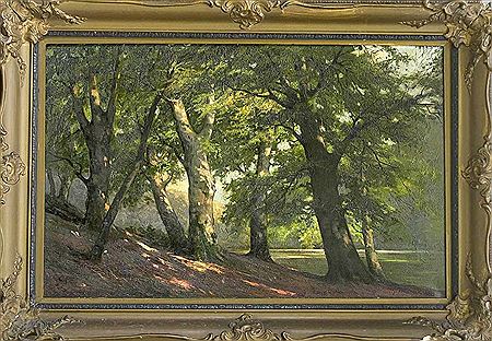 Large woodland with incident sunlight by Georg Marschall - Auction record, sale price, and art valuation. Compare with similar artists and explore comparable artworks.