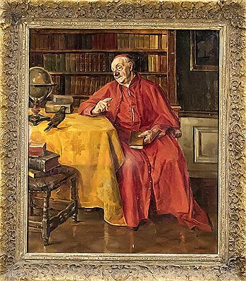 Cardinal in a library in conversations with a bird