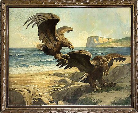 Monumental painting of two eagles who rush on a rocky cliff on their prey