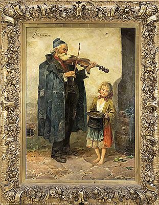 Old street musician with violin and a little girl, who wears the donation hat