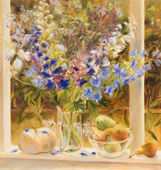 Still Life with Delphiniums and Pears by Jamie Evrard - Auction record, sale price, and art valuation. Compare with similar artists and explore comparable artworks.