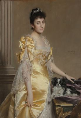 Portrait of an elegant woman at three-quarter length with a Papillon spaniel