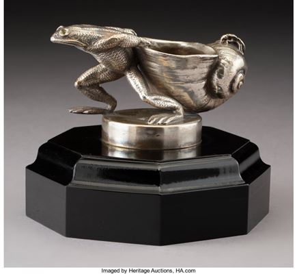 Nickel-Plated Bronze Frog Dragging Shell Automobile Mascot, circa 1920