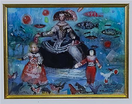 Elegant Victorian dressed girl in a surreal setting with fish in the background and two younger children feeding birds in the foreground