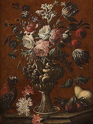 BOUQUET OF FLOWERS IN A SCULPTURED VASE WITH PARROD