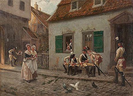 A shy glance - soldiers meeting two maids in front of a pub