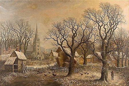 Late romantic, winterly Dorfansicht view of a village with gothic church, 1874