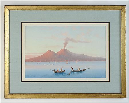 Mount Vesuvius from the Bay of Naples with two fishing boats in foreground