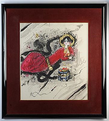 Woman in red reclining near a bowl of pomegranates