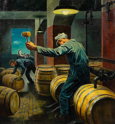 Whiskey Going into the Barrels to Age by Georges Schreiber - Auction record, sale price, and art valuation. Compare with similar artists and explore comparable artworks.