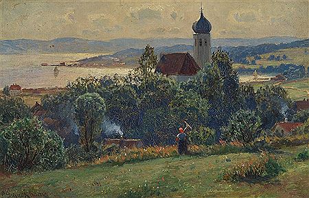 Herrsching am Ammersee, schöne stimmungsvolle Darstellung mit Blick über den See